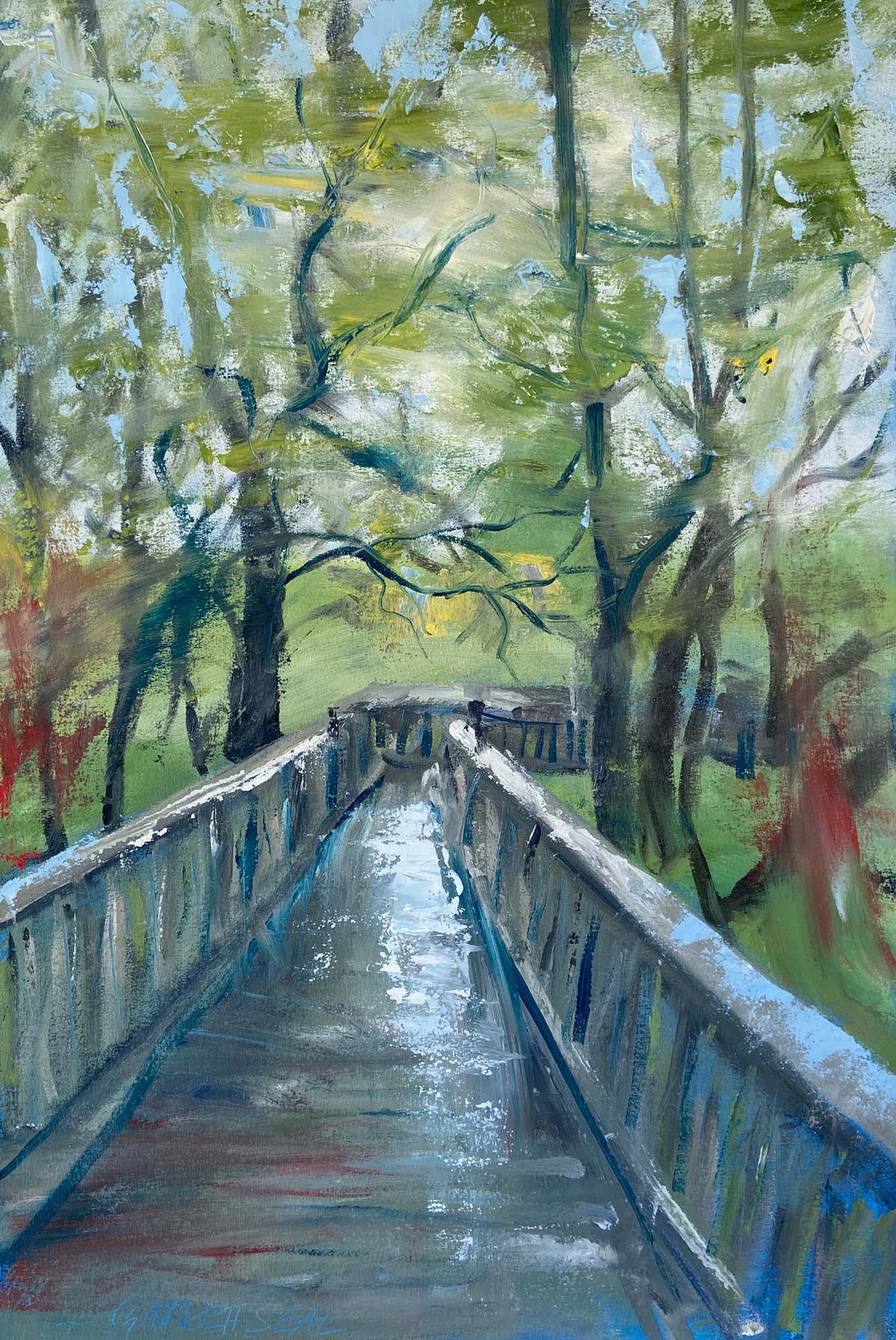 Scene of a wooden bridge, trees, expressive and energetic brushstrokes 