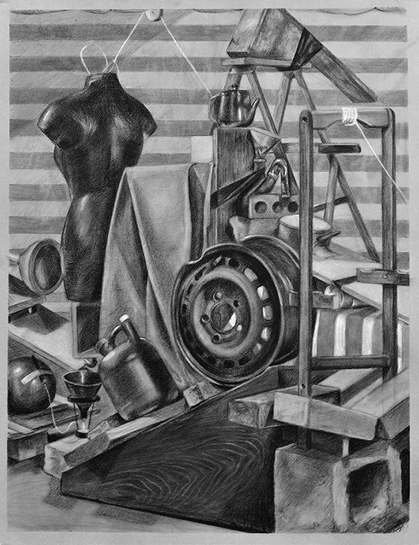 Black and white drawing of a still life with fabric drapery, dress form, and wooden structures.