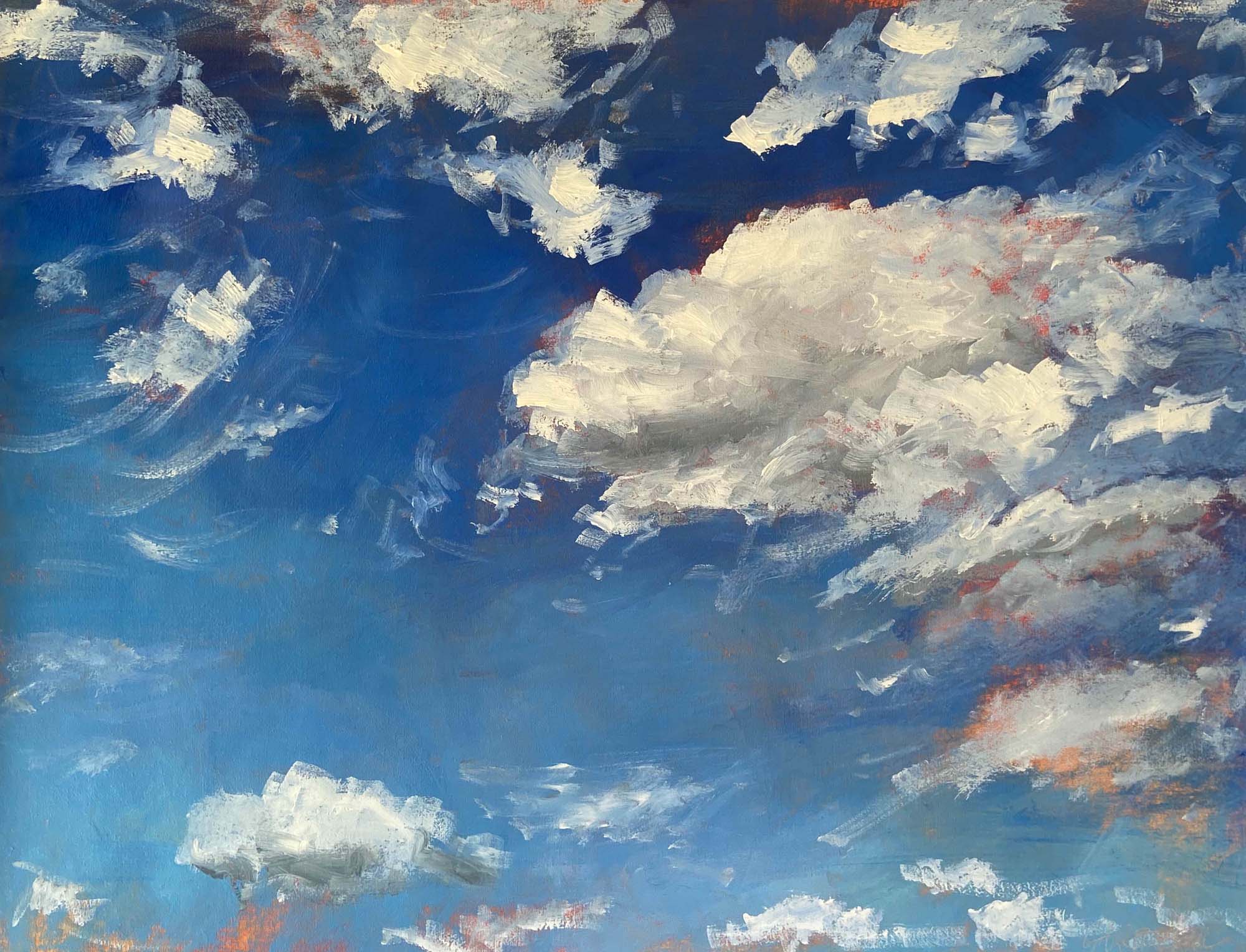 Expressive paint strokes to indicate an upward view of clouds