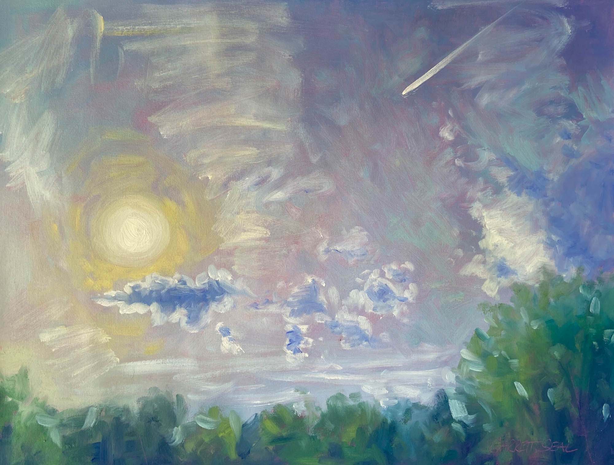 Expressive paint application, swirls of clouds, dabs of paint in the lower portion to indicate treetops 