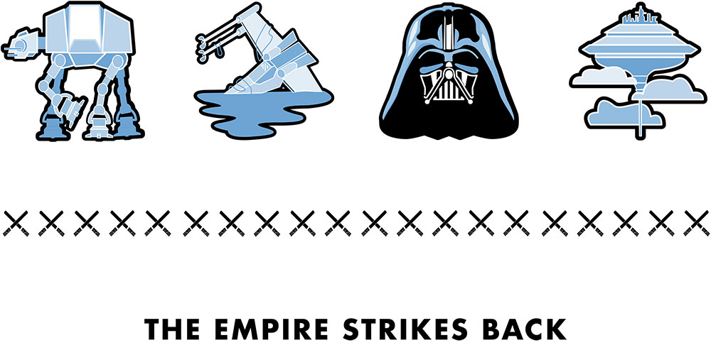 4 icons including: a large walking robot, a plane crash, a mask, and a spaceship- come together to create the movie the empire strikes back
