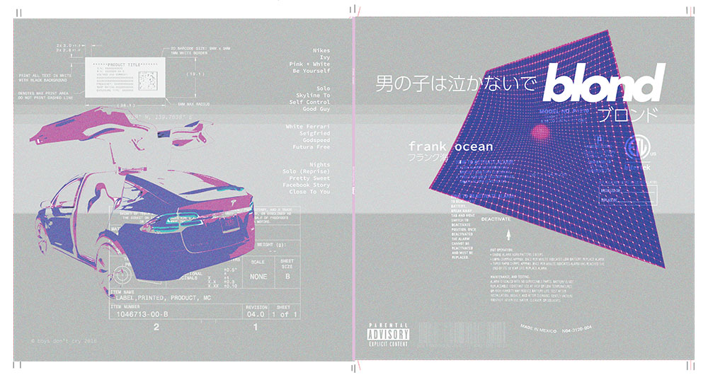 Album cover redesign of "blond" the back side has an image of a car with floating doors. The front has more of scientific feel to it. There is some Chineses, some atoms, and equation like writing. 