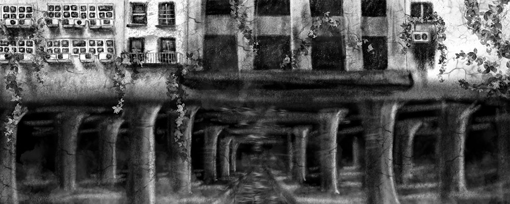 Black and white landscape drawing of a long abandoned building. 