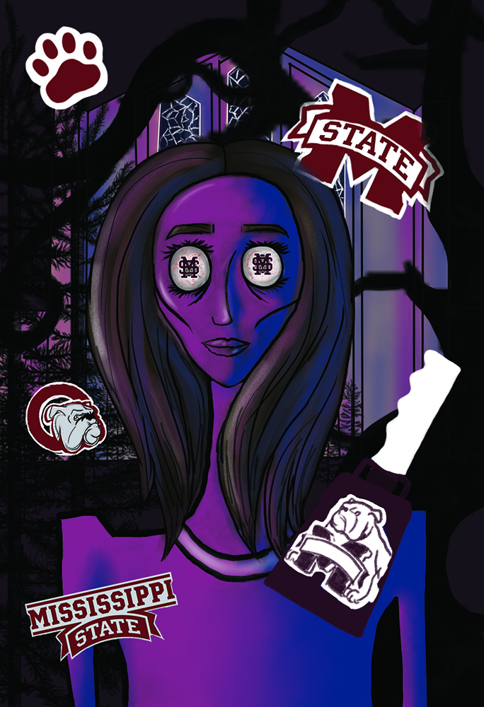 A drawing of a scary like human girl with Mississippi State logos surrounding her