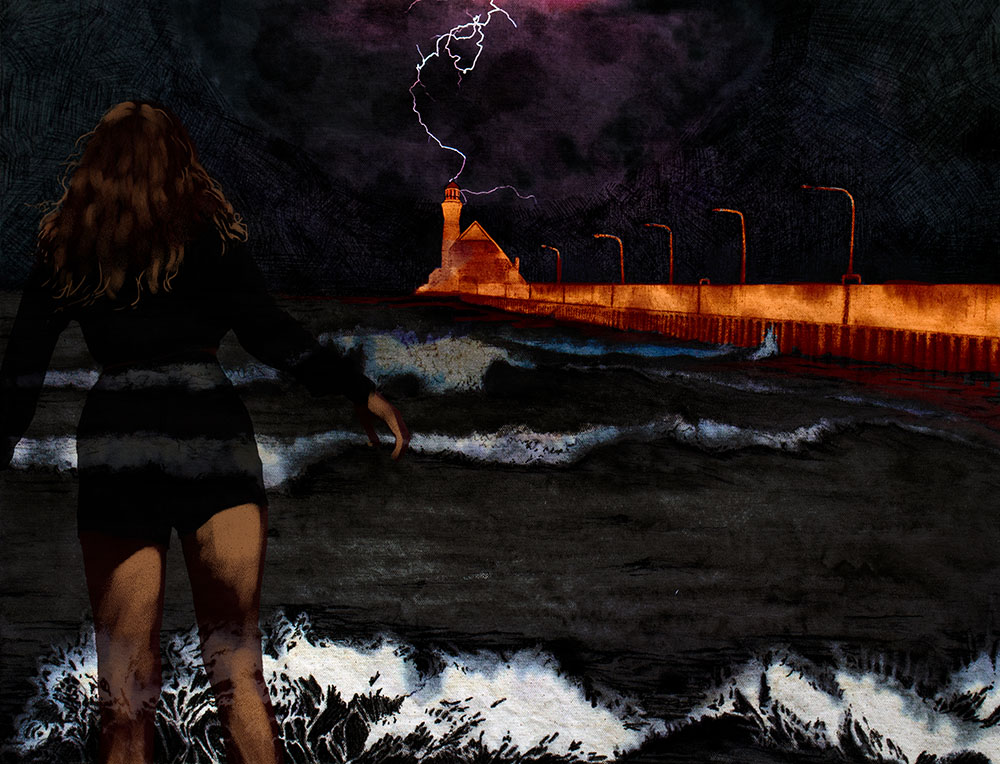 A drawing of a woman over looking the sea while watching the lighthouse get struck by lightening.