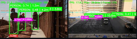 Real-time system output demonstrating concurrent object detection, classification, and metric distance estimation for multiple persons and vehicles within the construction environment.