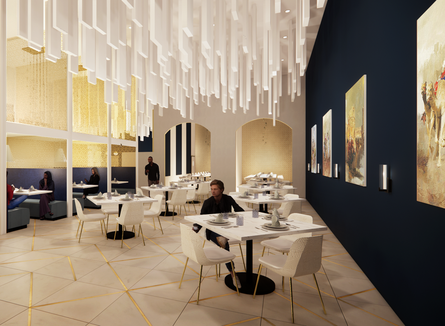 Computer generated rendering of a restaurant dining area with booth and table seating and an overhead chandelier.