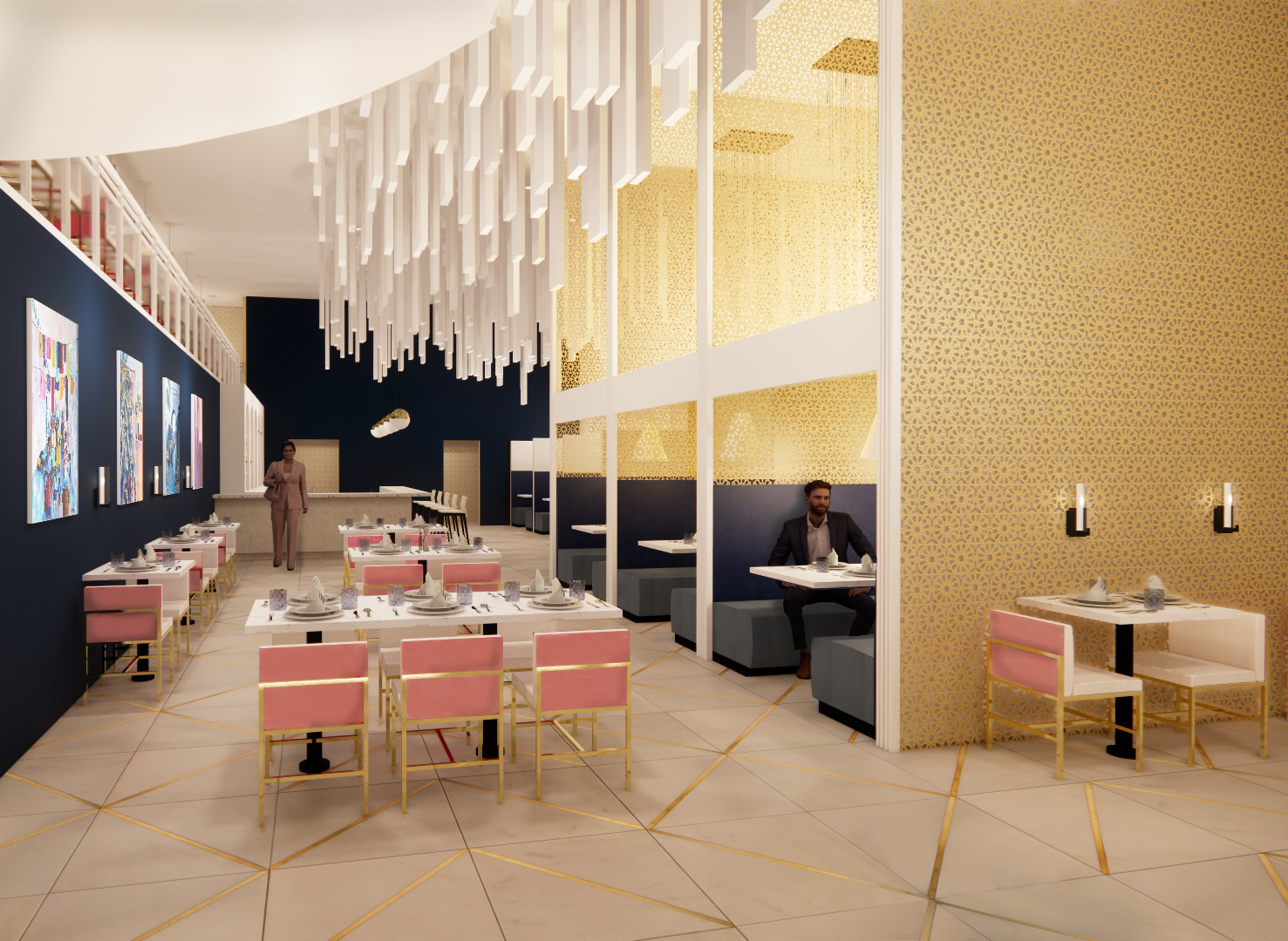 Computer generated rendering of a restaurant dining area with booth and table seating and an overhead chandelier.