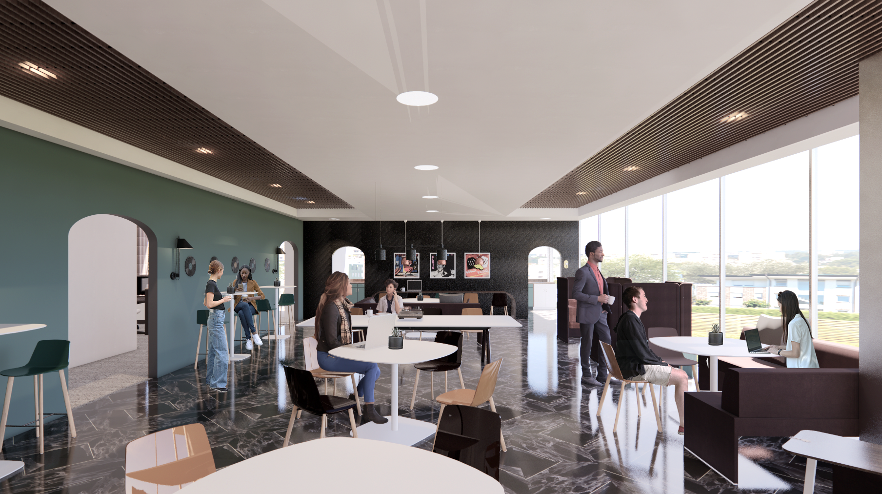 Perspective view of a cafe area with people sitting and standing enjoying coffee and conversation.