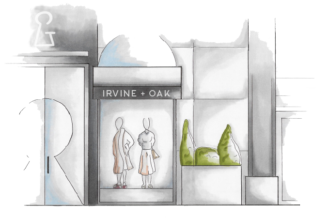 Hand rendering of a storefront with mannequins in window display.