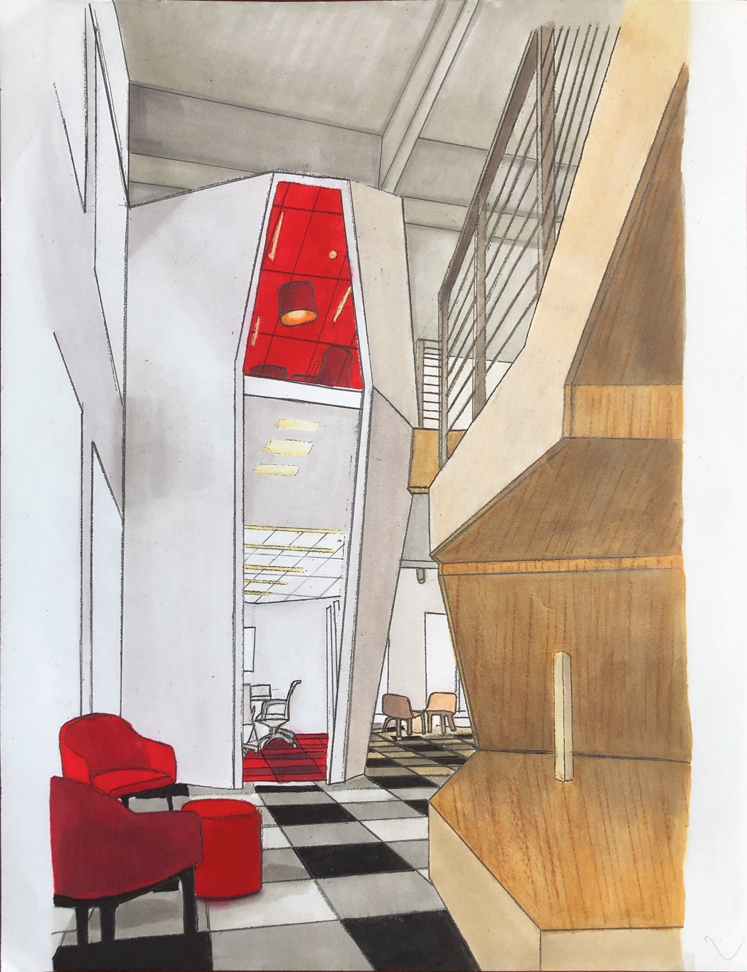 Hand rendered perspective of a waiting area with red chairs and large windows.