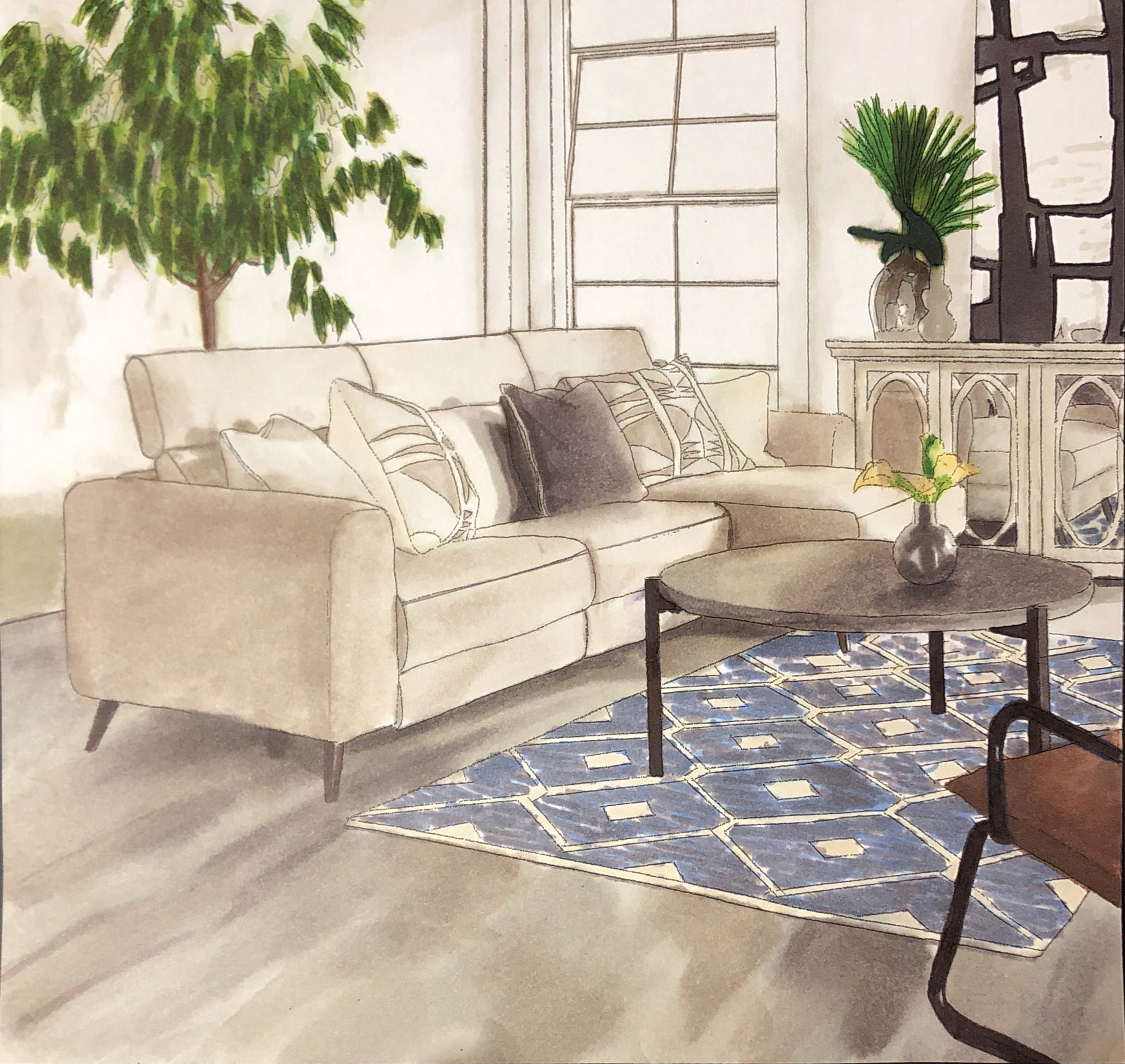 Hand rendering of a living room with sofa, carpet, coffee table, and plants.
