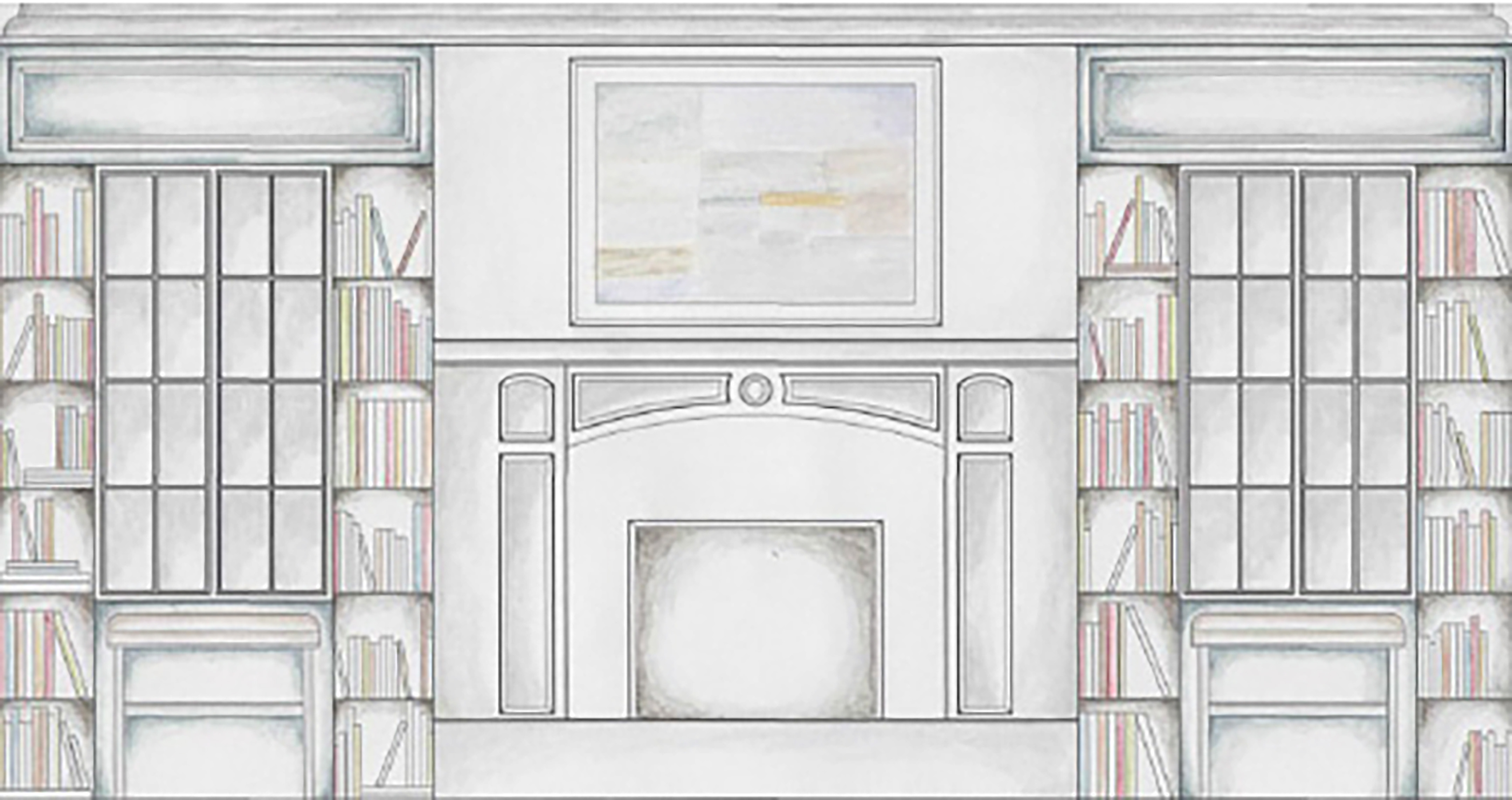 Hand rendering of a fireplace with a painting hanging above and bookshelves on both sides.