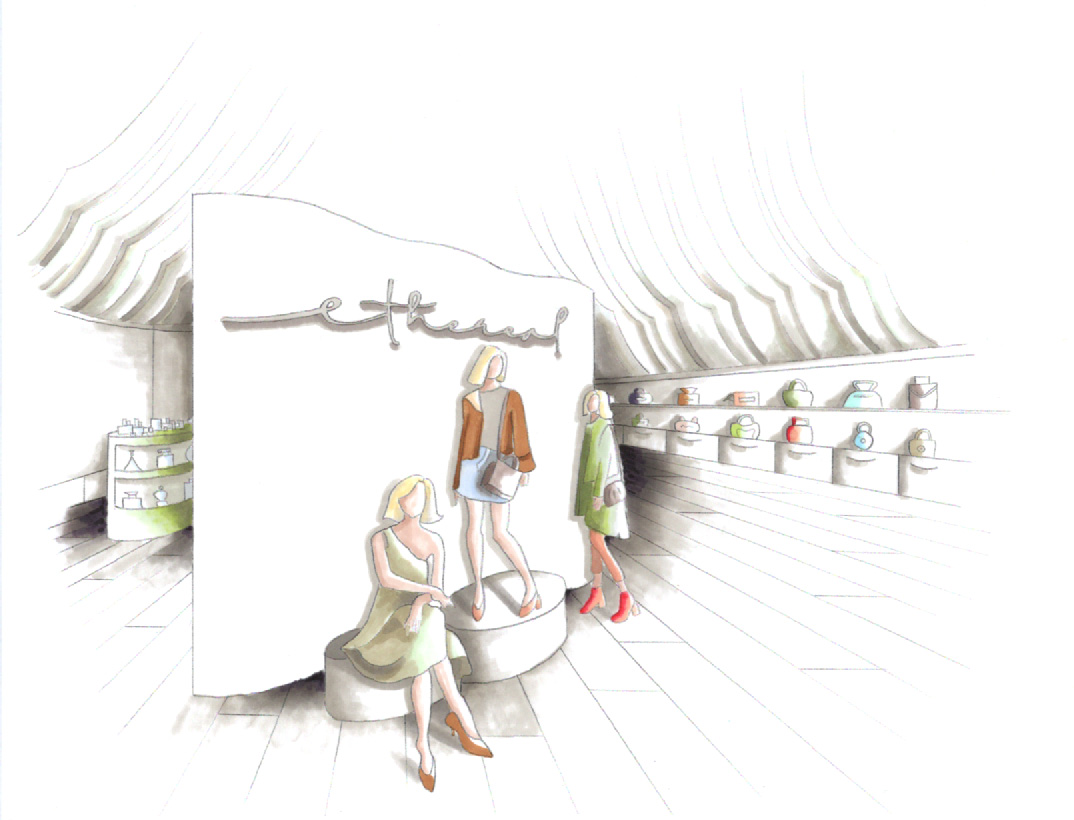 Hand rendering of a clothing store display with three dressed mannequins and a wall handbag display.