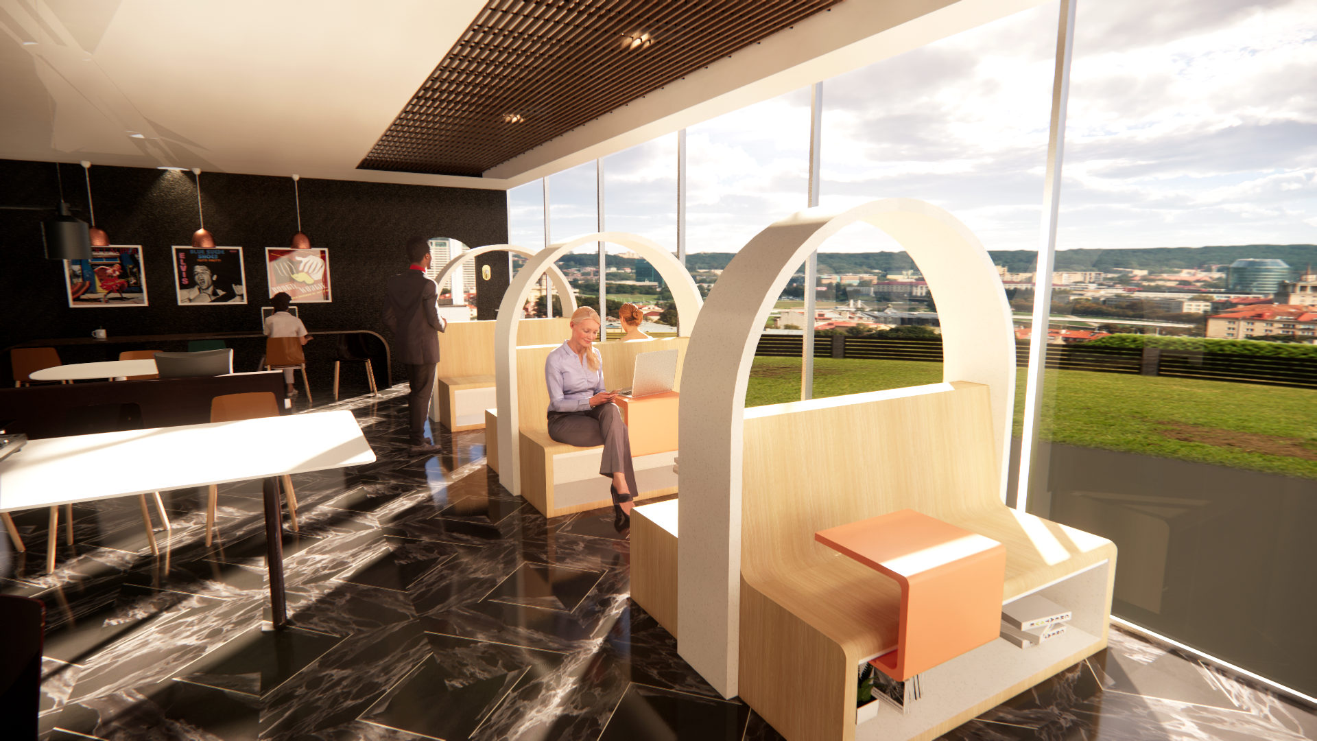 Rendering of a custom furniture design of a double sided booth with an arch overhead.