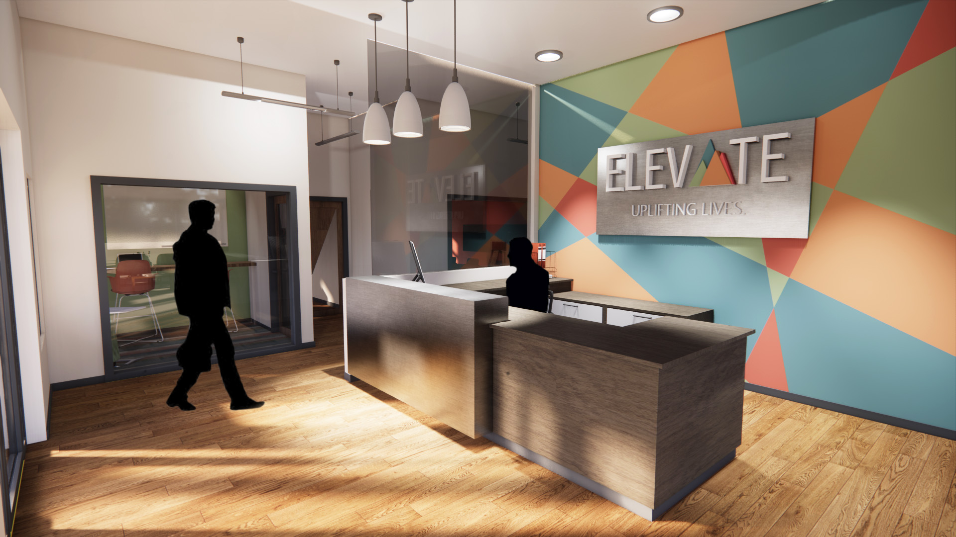 View of custom reception area at Elevate Adult Education Center.