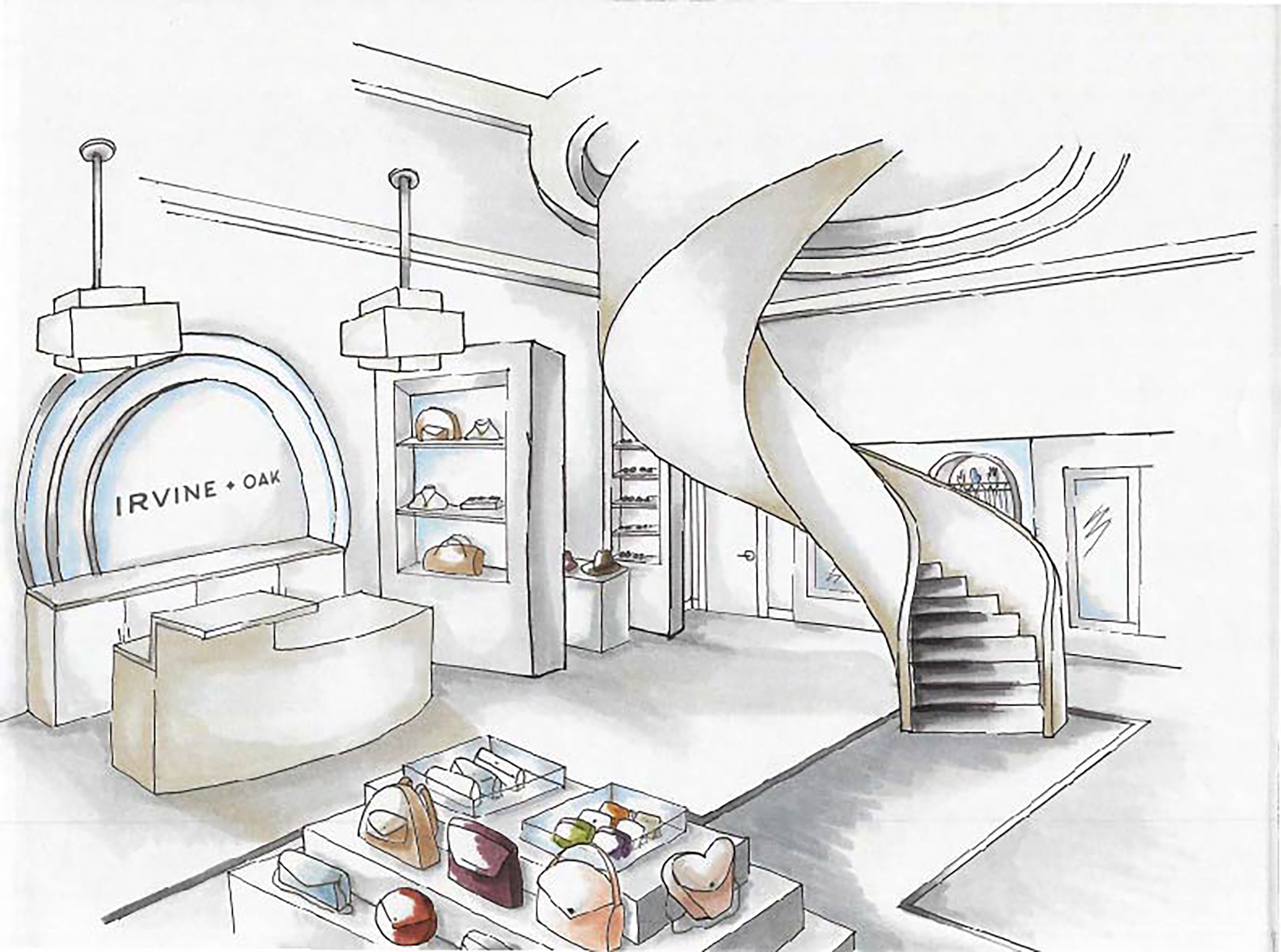 Hand rendering of a retail space with a large spiral staircase in the center, and product displays surround it.