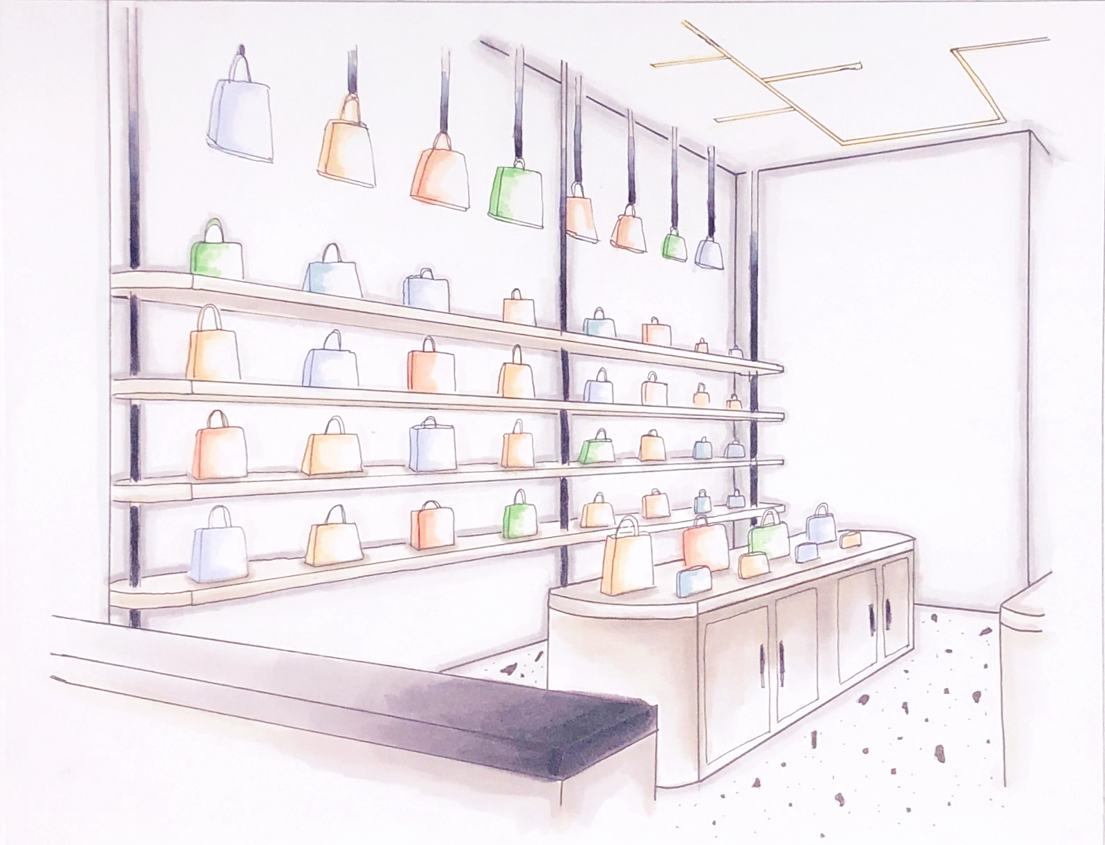 Hand rendering of a handbag display.