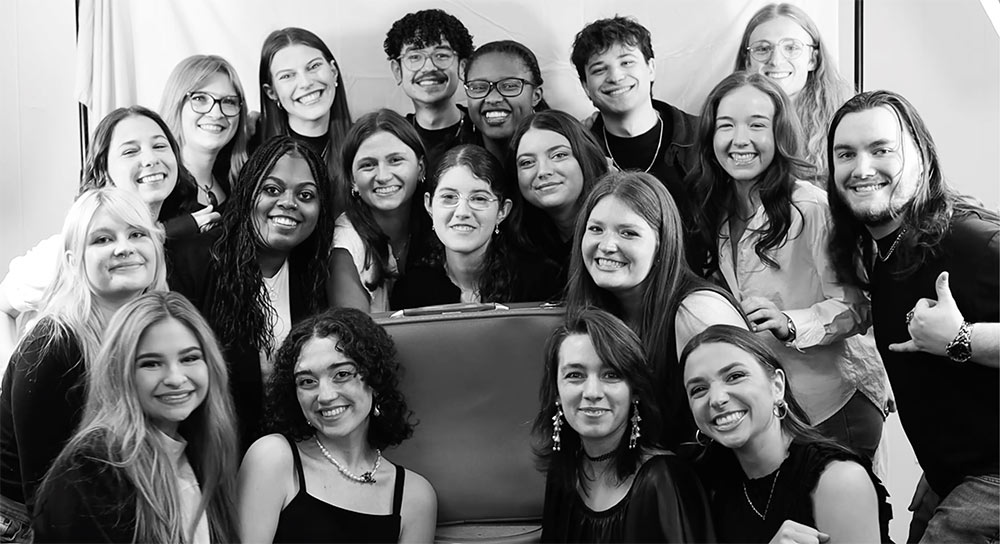 Black and white group show of MSU’s graduating graphic design seniors of 2025. front row from left: Kaylen Colbert, Olivia Dickey, Janey Shimp and Kenzie Sherrell; second row from left: Sophia Timmons, Sarah Demus, Leah Wisener, Paige Wigant, Sidnie Hunt, Kinsley Bell, Hallie Pitts and Robert Harris; back row from left: Katherine Nause, Sadie Burgess, Ashley Denson, Daniel Hardy, Jaliyah Snaer, Bryce Yzaguirre and Jake Weekley.