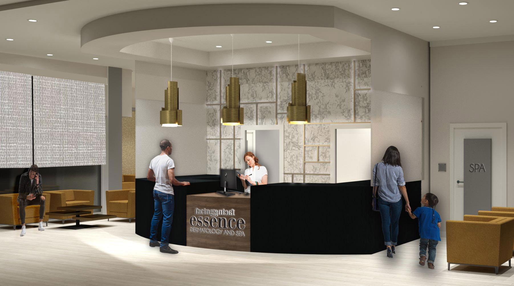 computer rendering of reception desk "facing essence dermatology and spa"