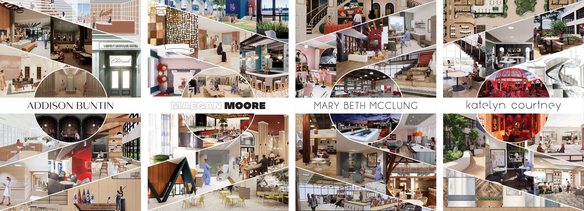 four interior design senior boards pushed together horizontally