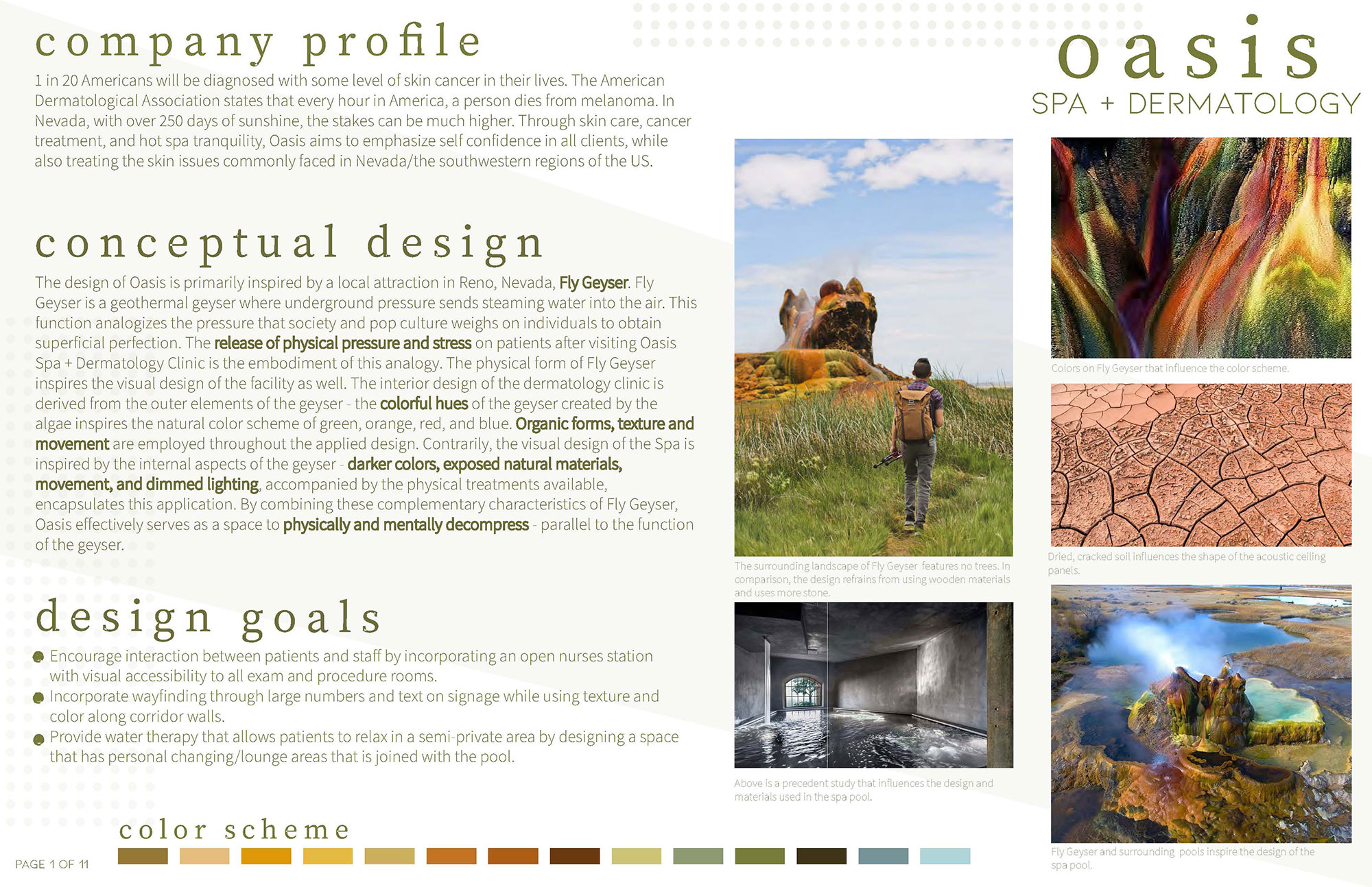 board with company profile, conceptual design, design goals, and color scheme information. right side shows landscape/design inspiration photos 