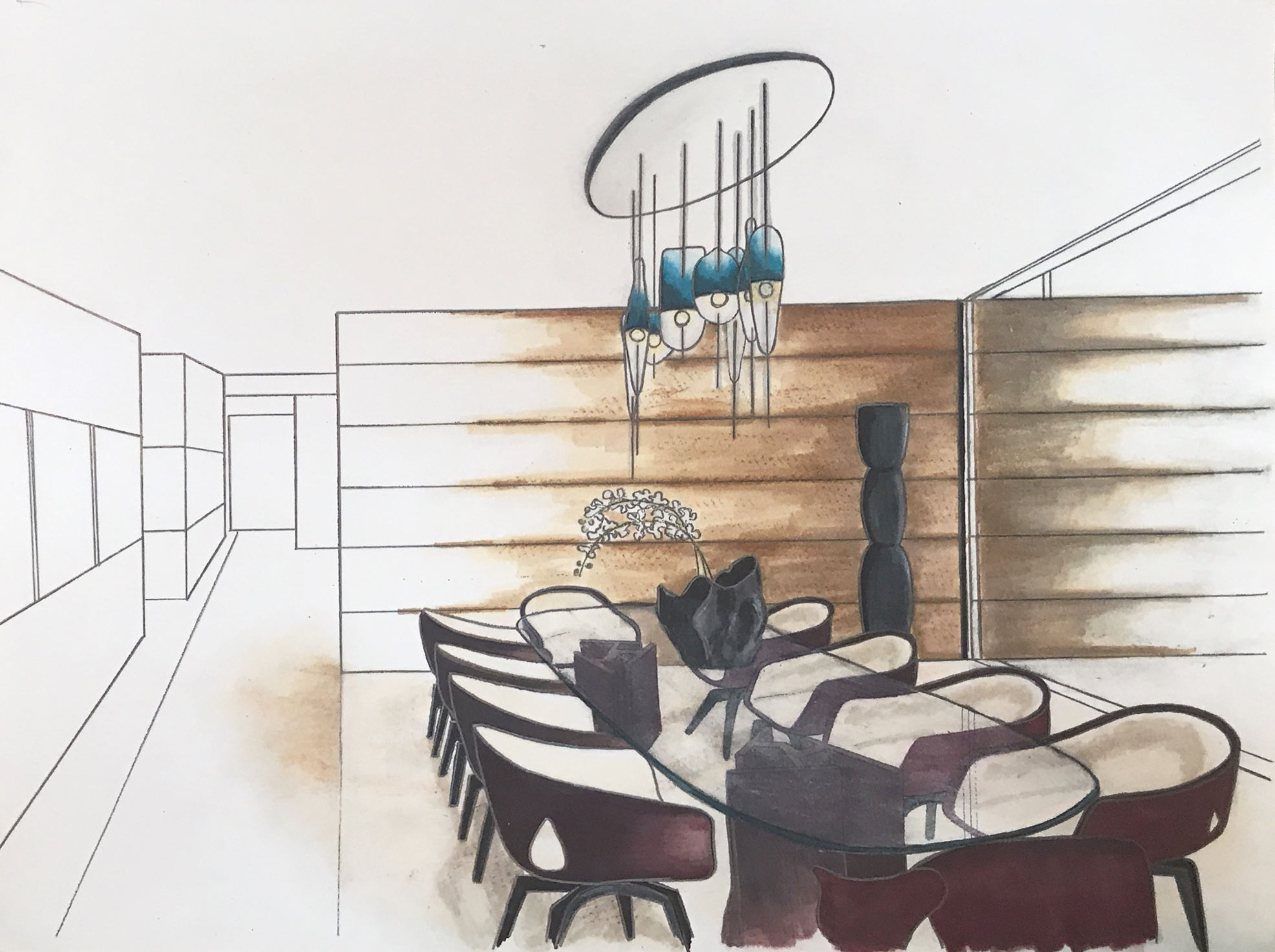 hand rendering shows glass table with chairs around it, teal light fixture
