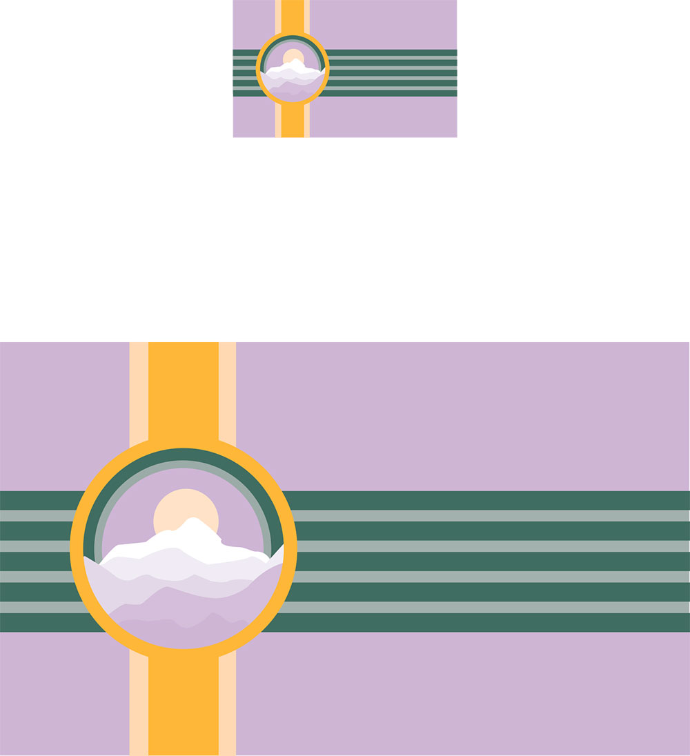 an image of a purple illustrated flag with 5 green lines going horizontally and 3 yellow ones vertically on the left side. with a circle of small illustrated sun and cloud. 