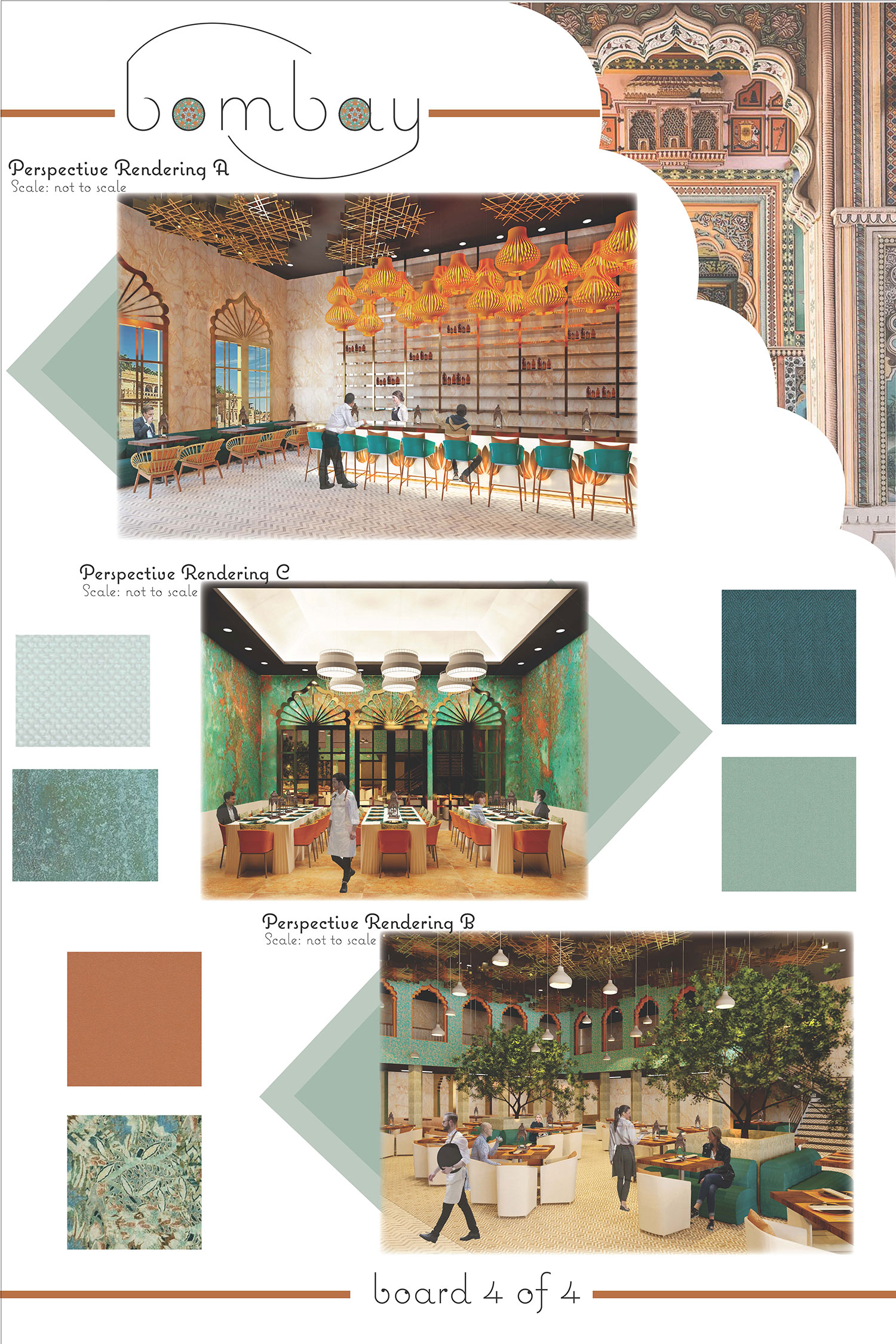 "bombay" board - top: perspective rendering A of inside of a restaurant at bar; next: perspective rendering C of inside of a restaurant with long tables; next: perspective B of smaller tables with greenery