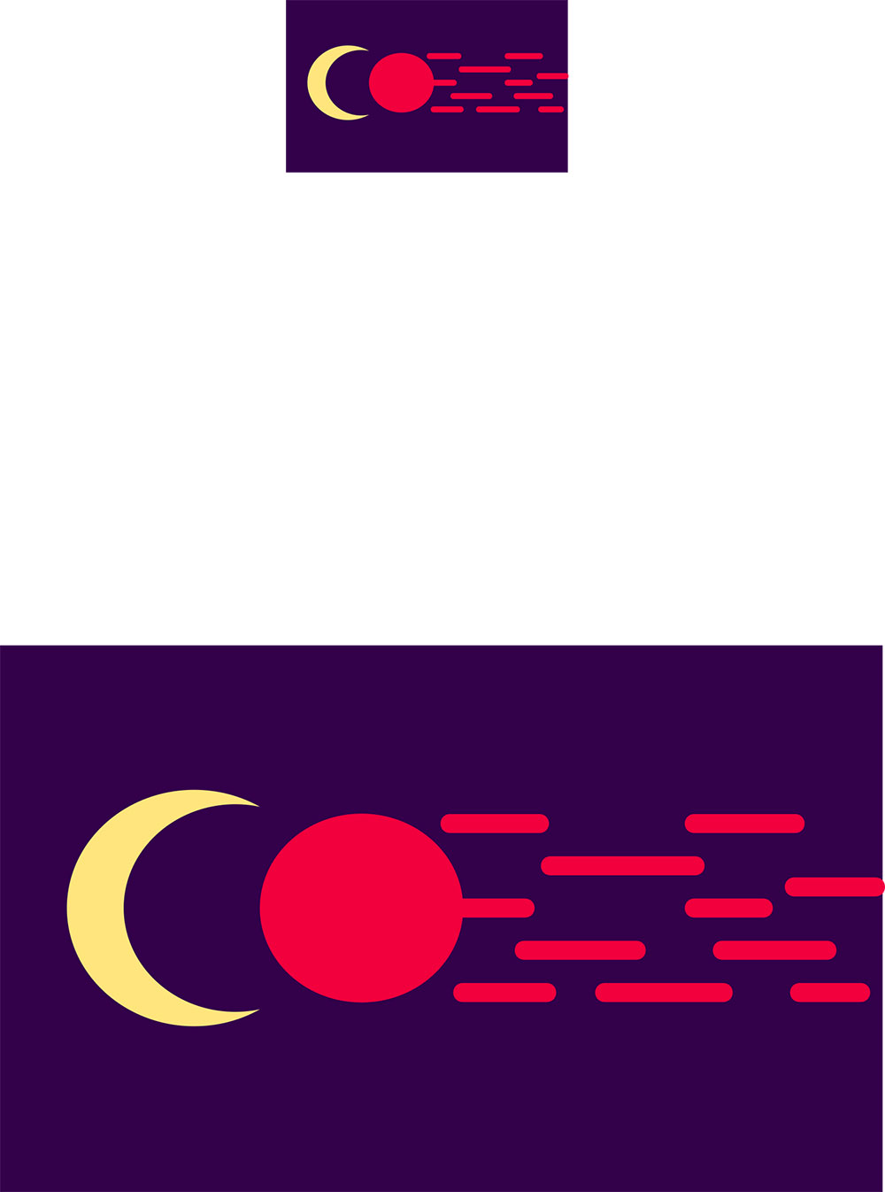 a purple flag with a yellow moon on the left and a red circle followed by many lines feeding to the right side. 