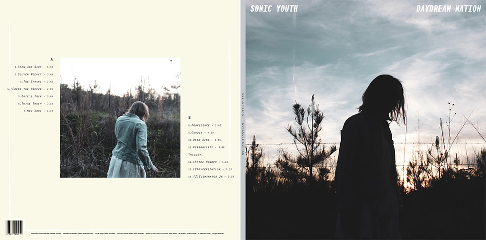 Album redesign of Sonic Youth. The front is an image of a girl in a filed behind a barbed wire fence. The back is a smaller image of a girl in a field with a yellow border surrounding the image.