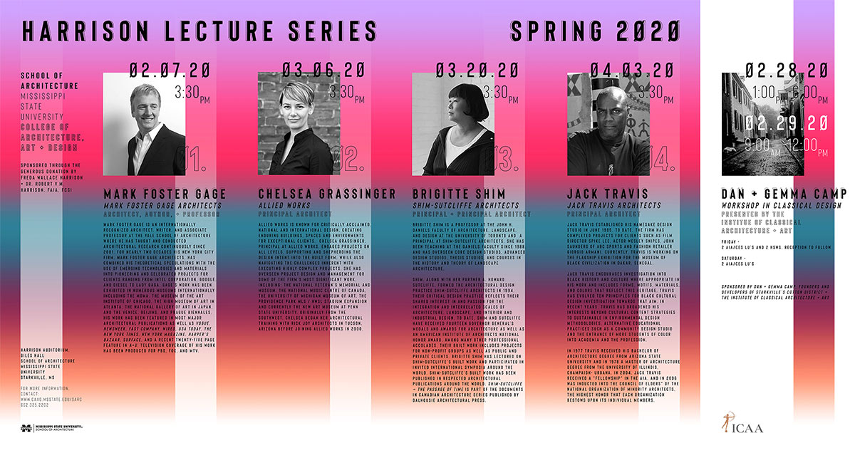 screen capture of Harrison Lecture Series poster - colorful background - mugs shows of speakers and their bios. All information typed into this post