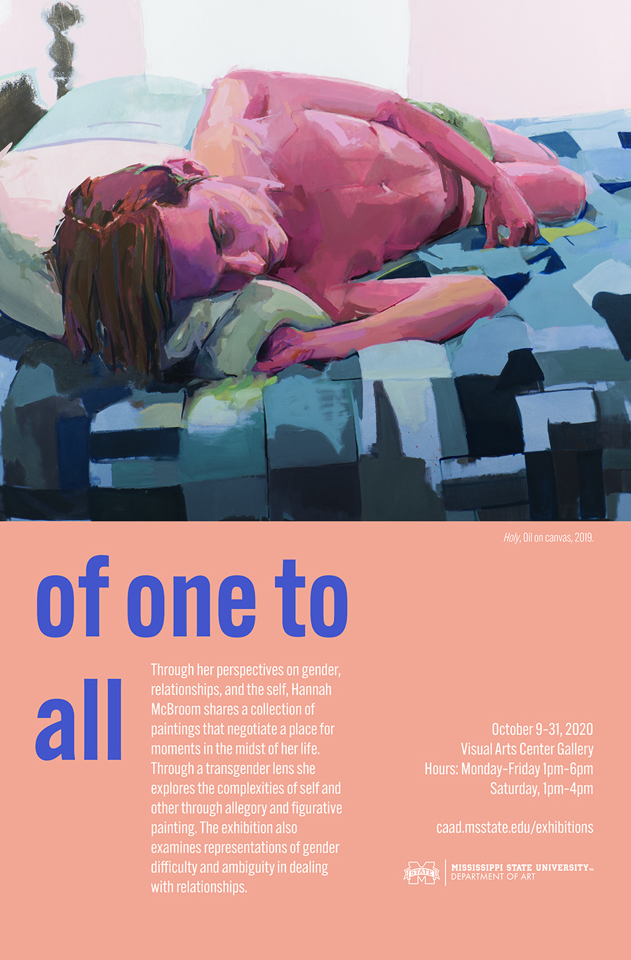 Poster image with painting of figure lying on a bed over the words of one to all.