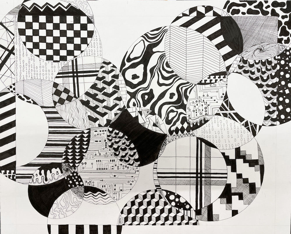 Black and white patterned drawing overlapped by various circles.