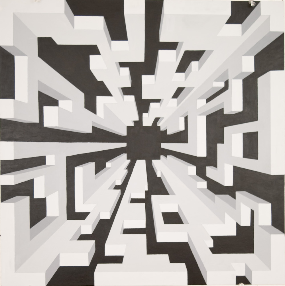 Image of a maze that has four corners and extends into vansihing point. 