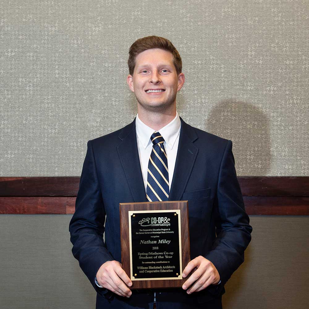 Nathan Miley poses with his 2018 MSU Epting/Mathews Co-op Student of the Year Award