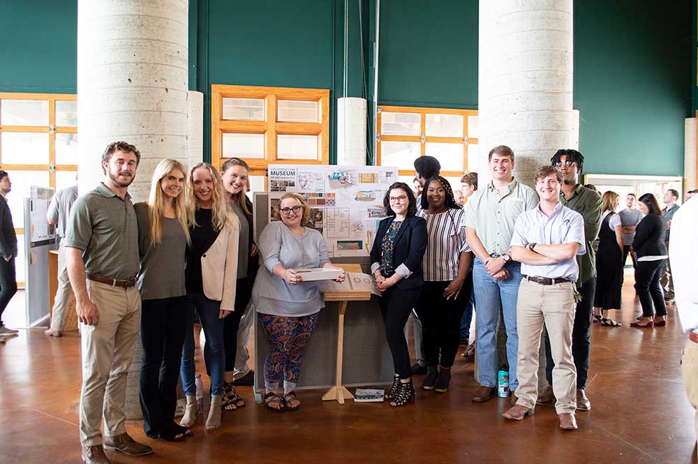 Pictured are students in the first place-winning group from Mississippi State University College of Architecture, Art and Design’s recent Brasfield and Gorrie Student Design Competition. Group members were tasked with developing a proposal for the redesign of MSU’s Lois Dowdle Cobb Museum of Archaeology. From left to right, they include Tyler Letson, Heather Gillich, Mary Moore, Olivia Duhe, Shelby Jaco, Sydney White, Gaybrail “Gabby” Jones, Clayton “Clay” Crossman, John Douglas “JD” Staten and Jordan Smith