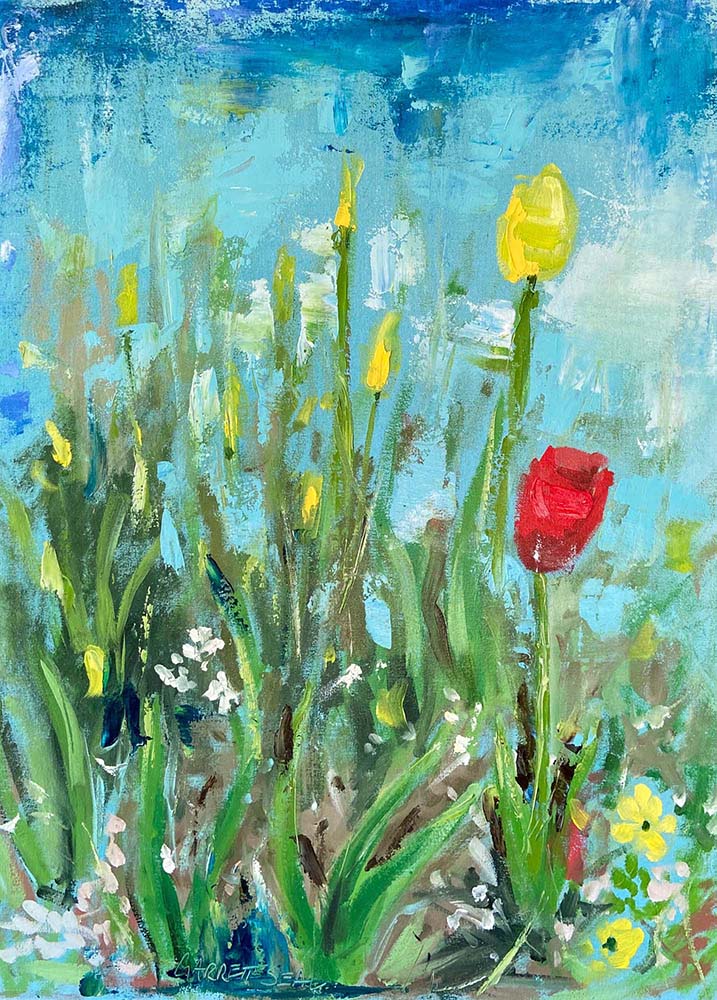 Patch of flowers, stems, scraped paint texture