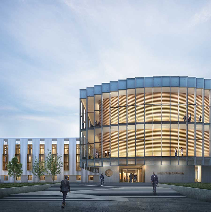  architect rendering of design for new U.S. Courthouse (entrance)