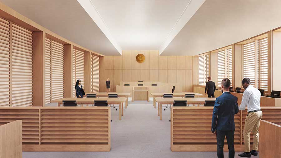  architect rendering of design for new U.S. Courthouse (courtroom)