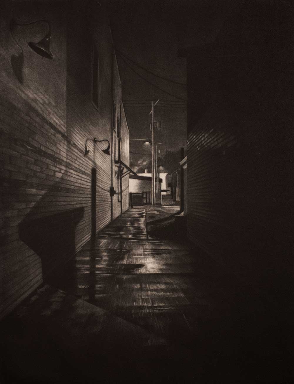Mississippi State University Department of Art faculty member and exhibition coordinator Jacob Crook's mezzotint engraving titled “Nightrise II,” a piece that showcases a dimly lit alley on Lafayette Street in downtown Starkville. The piece won the a 2019 Otis Philbrick Memorial Prize from the Boston Printmakers North American Print Biennial.