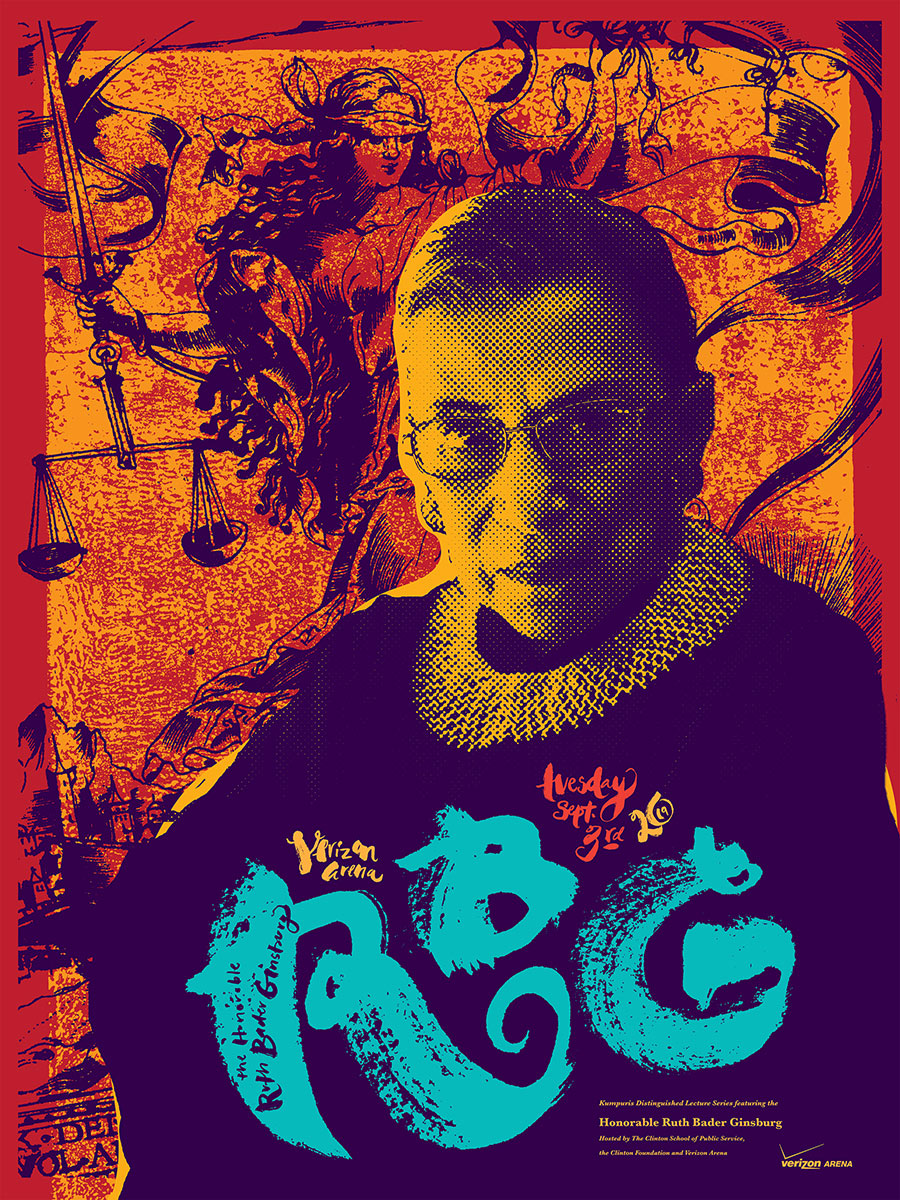 crop of a poster of Supreme Court Justice Ruth Bader Ginsberg. RBG letters are at the bottom in cyan. Black and white photo of Ginsberg. Red/orange background.
