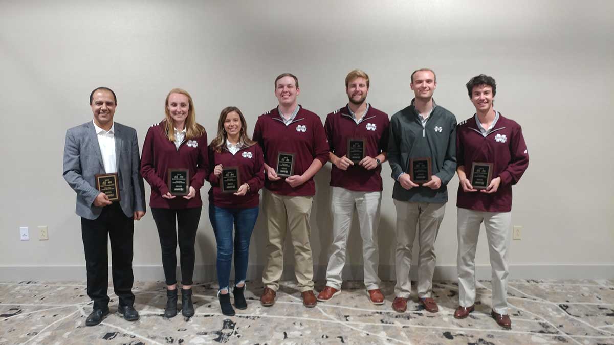 Pictured left to right are Assistant Professor Saeed Rokooei, Tori Thompson of Spring Hill, Tennessee; McKenzie Johnson of Fayetteville, Georgia; Blake Farrar of Blue Springs; Tyler Seal of Ridgeland; Hunter Bullock of Nolensville, Tennessee; and Robert Montoux of Plano, Texas.