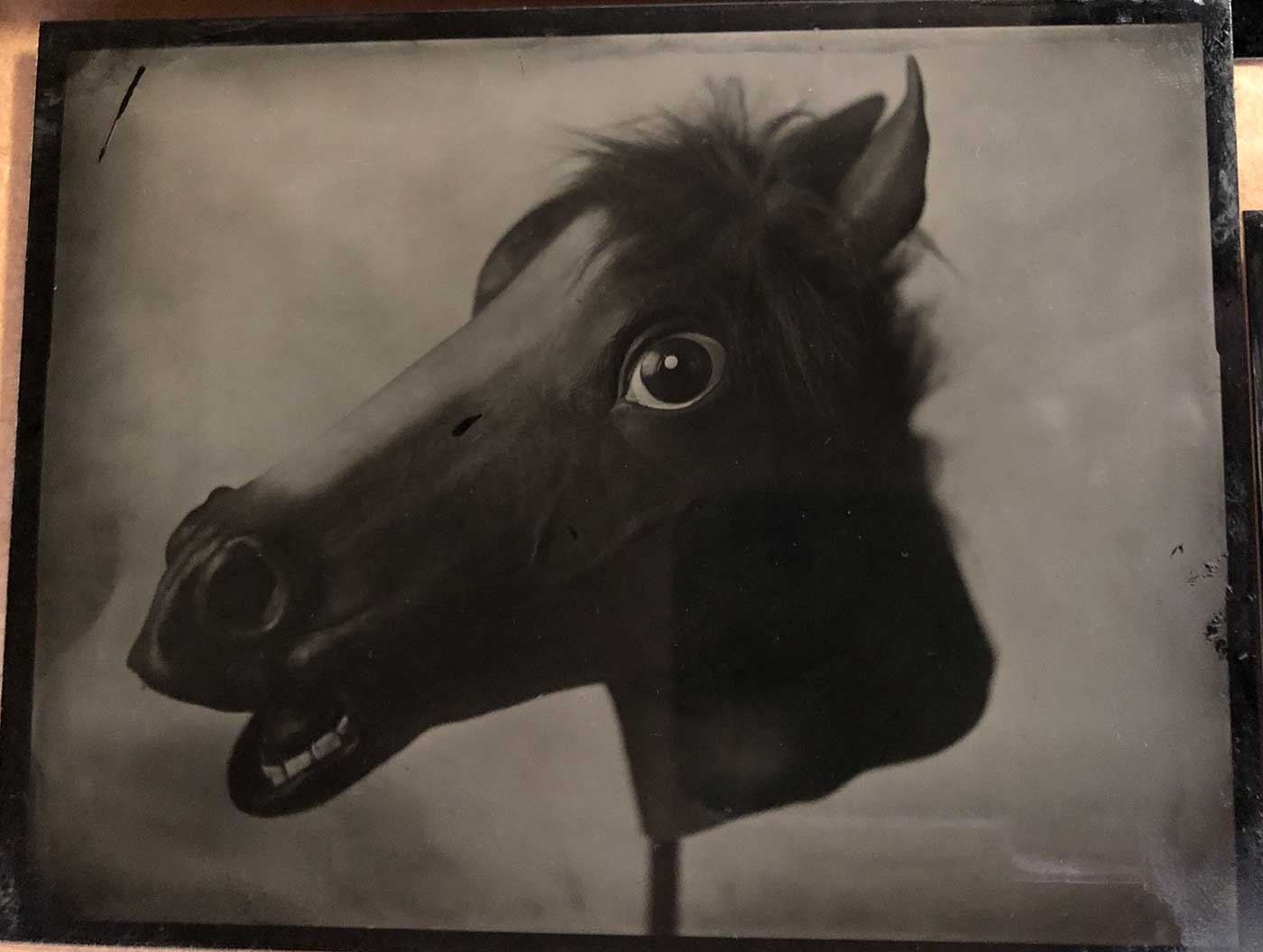 Using a $500 mini grant from the Mississippi Arts Commission, MSU Professor of Photography Marita Gootee attended a two-day workshop to learn about the instant photographic process called Wet Plate. During the workshop, she created this work, “Horse Mask.” (Photo submitted)