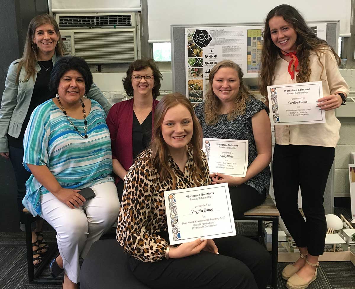 Winners of the 2019 Barefield Workplace Solutions Steelcase Project are pictured holding their certificates with Mississippi State University Professor Amy Crumpton and jurors Ginger Huffman and Demmie Dunaway.