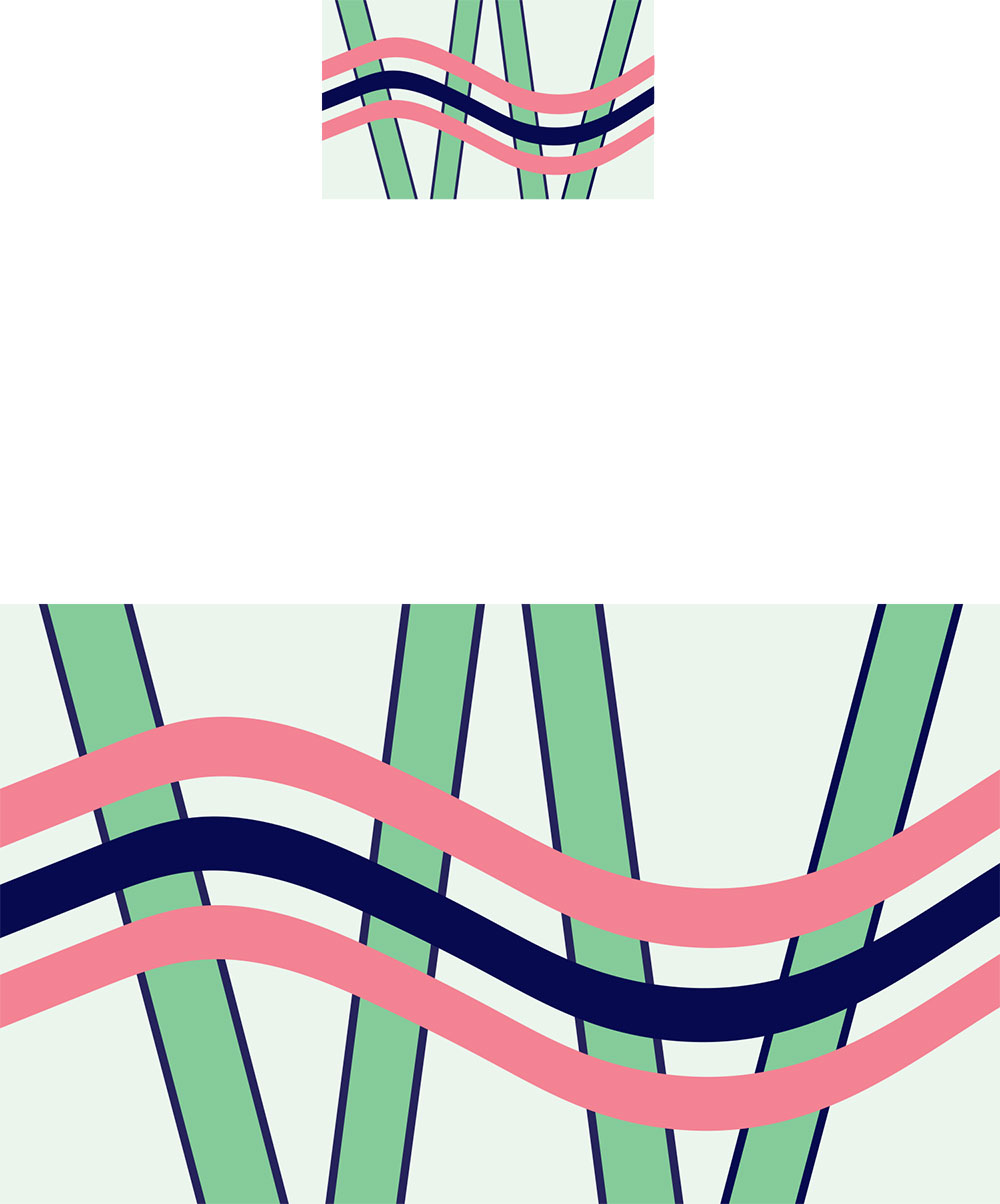 A flag with two V shaped green lines, with pink and purple lines going through the middle of them.